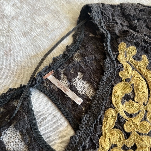 Free People Blue Gray Lace and Gold Ruffled Peplum Blouse - Picture 7 of 15